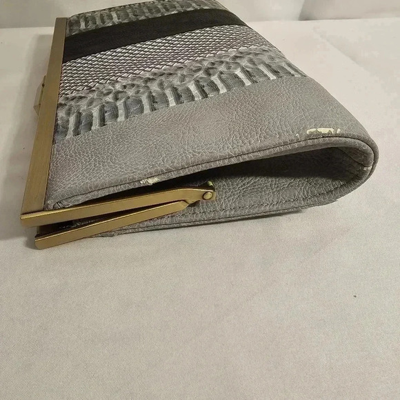 Rachel Roy Grey Silver Black Animal Print Brushed Nickle Clutch Bag - Picture 8 of 8